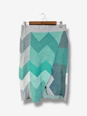 Anthropologie Moth Knit Faux Wrap Pencil Skirt Size M Green Gray Chevron Stripe